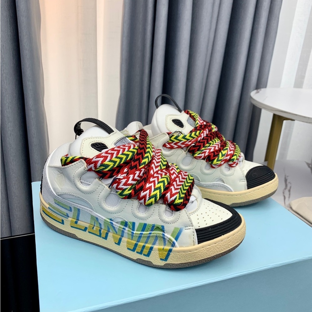Lanvin Kids White Sneakers with Black Toe and Multicolor Braided Laces - Picture 2 of 9